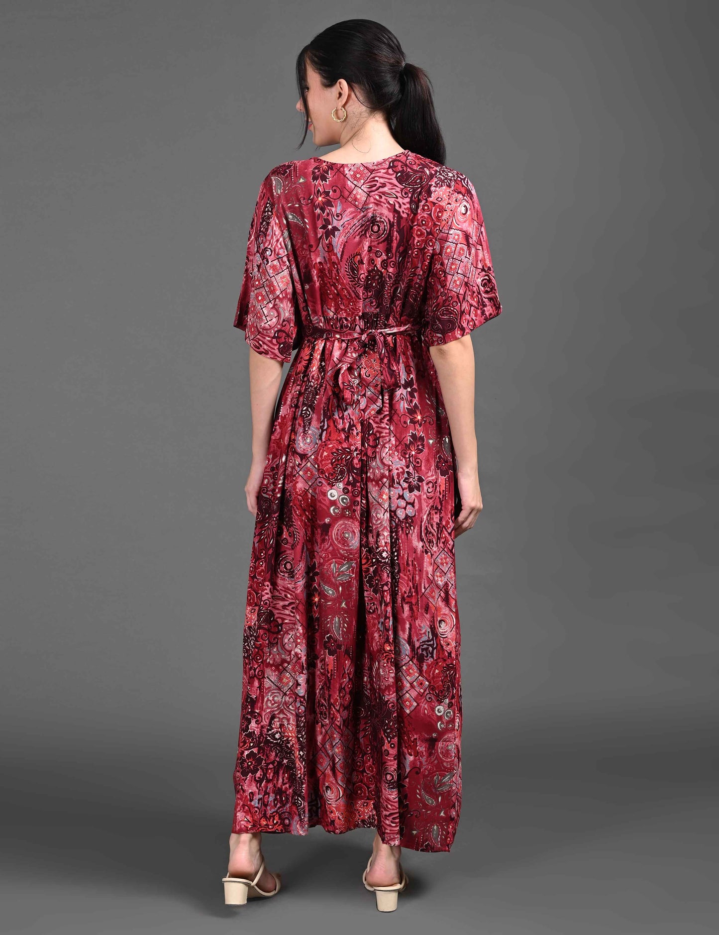 Womens Printed Maternity Long Gown - Maroon