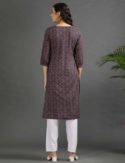 Womens Navy-Colored Printed Feeding Kurta