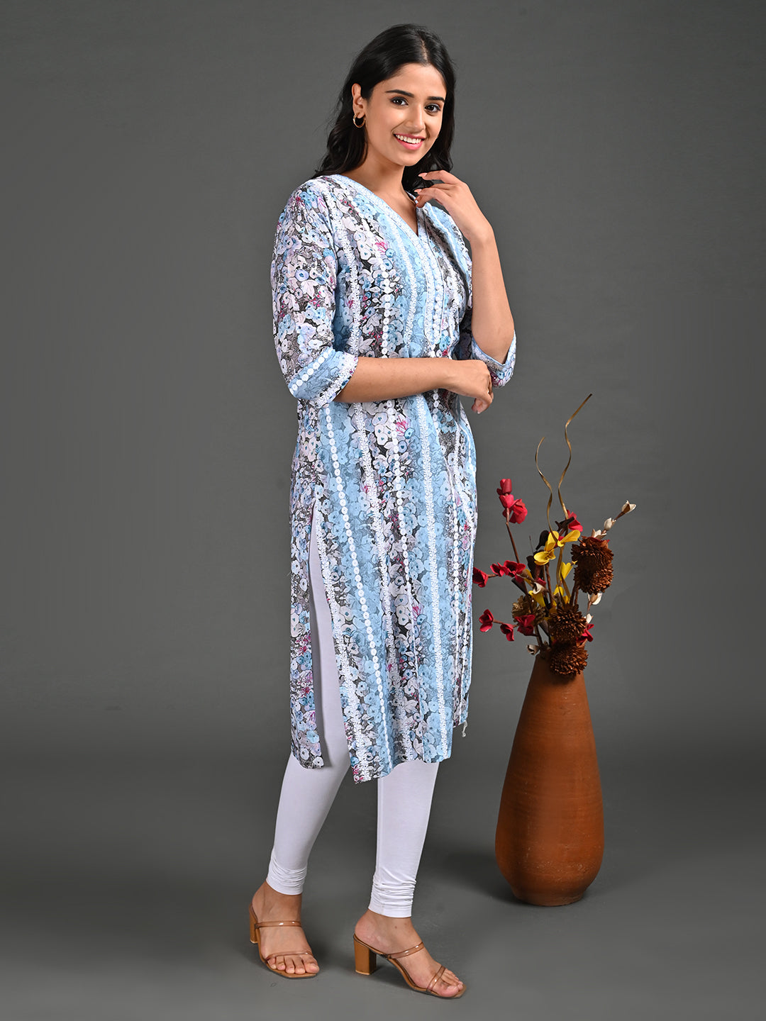 Womens Skyblue-Colored Straight Kurta