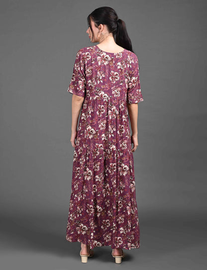 Womens Printed Maternity Long Gown - Wine