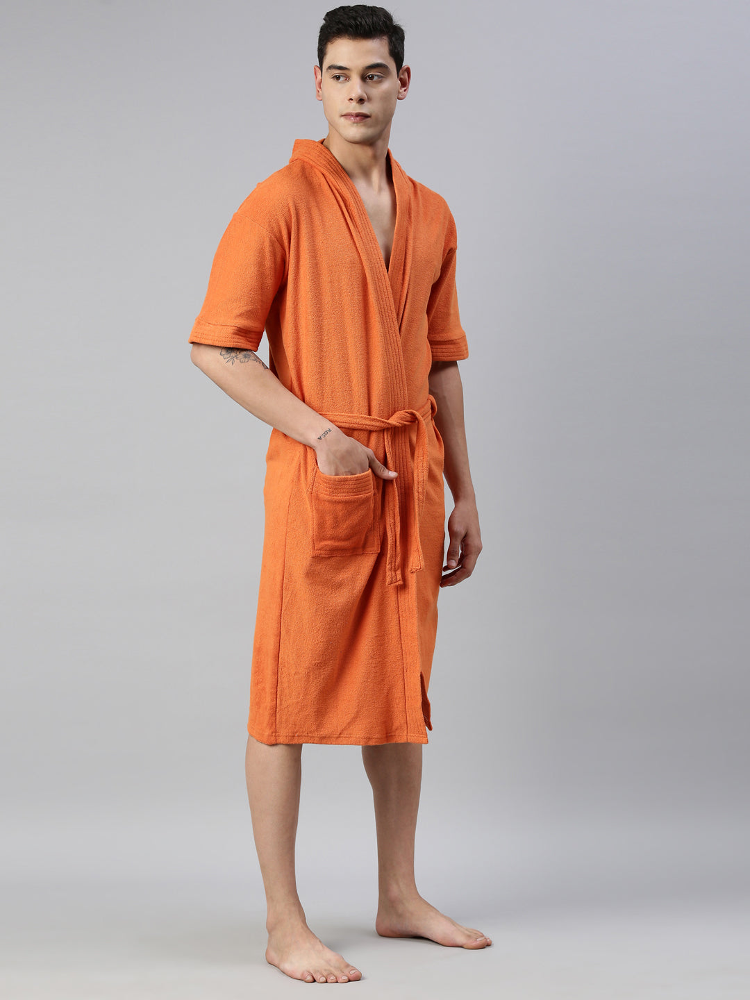 Mens Solid Hooded Bathrobe - Rust