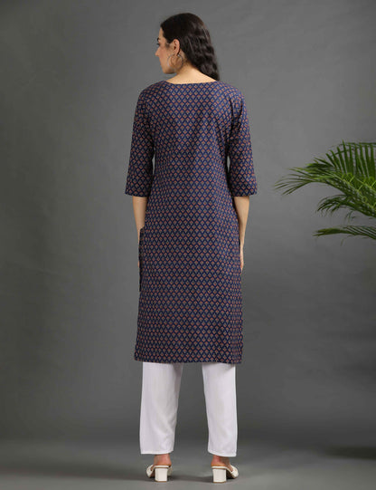 Womens Navy-Colored Printed Feeding Kurta