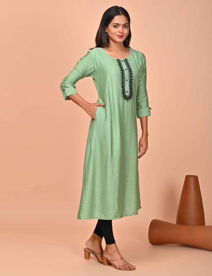 Womens Olive-Colored A-Line Kurta