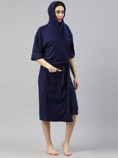 Womens Hooded Bathrobe - Navy Blue