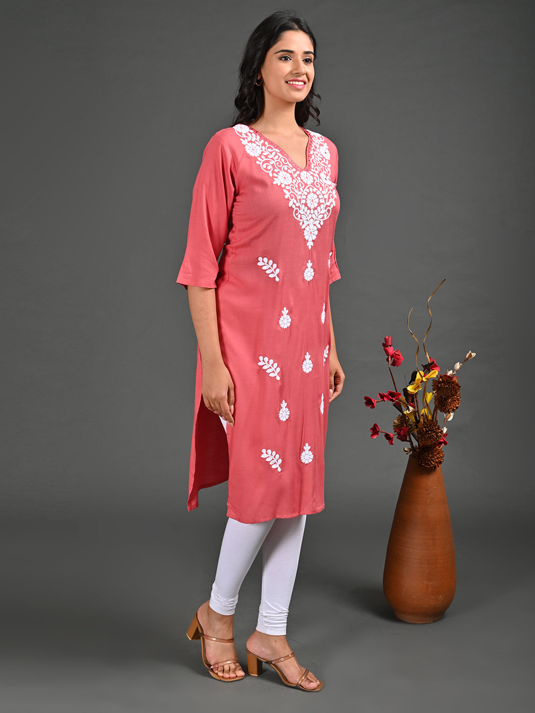 Womens Peach-Colored Straight Kurta