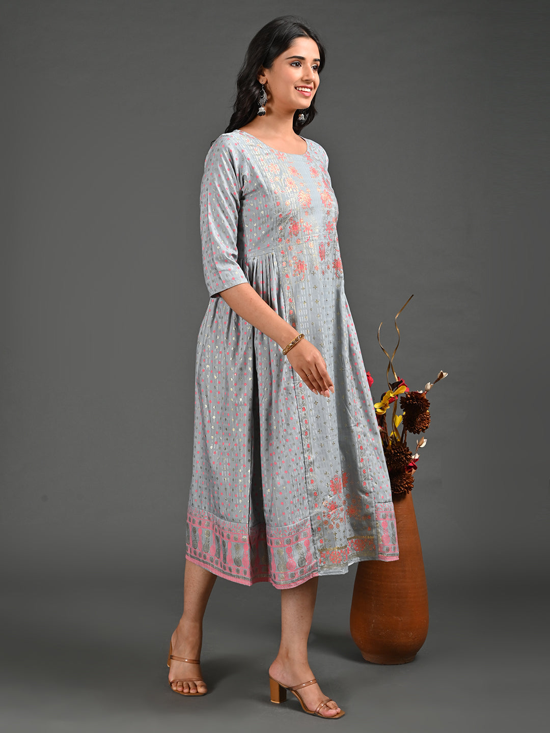 Womens Grey-Colored A-Line Kurta