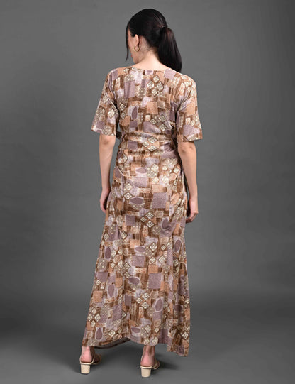 Womens Printed Maternity Long Gown - Brown