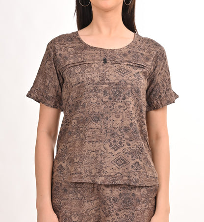 Womens Printed Co Ord Set - Brown