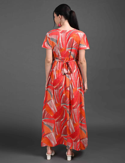 Womens Printed Maternity Long Gown - Orange