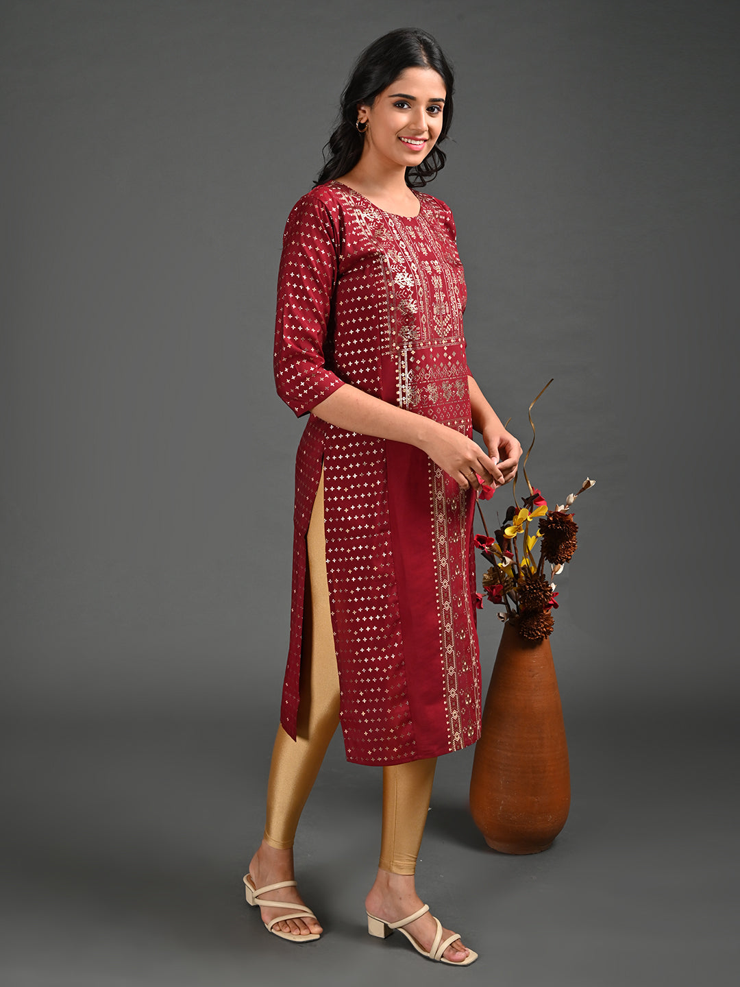 Womens Maroon-Colored Straight Kurta