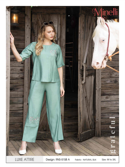 S.Green-Colored Embroidered Co Ord Set