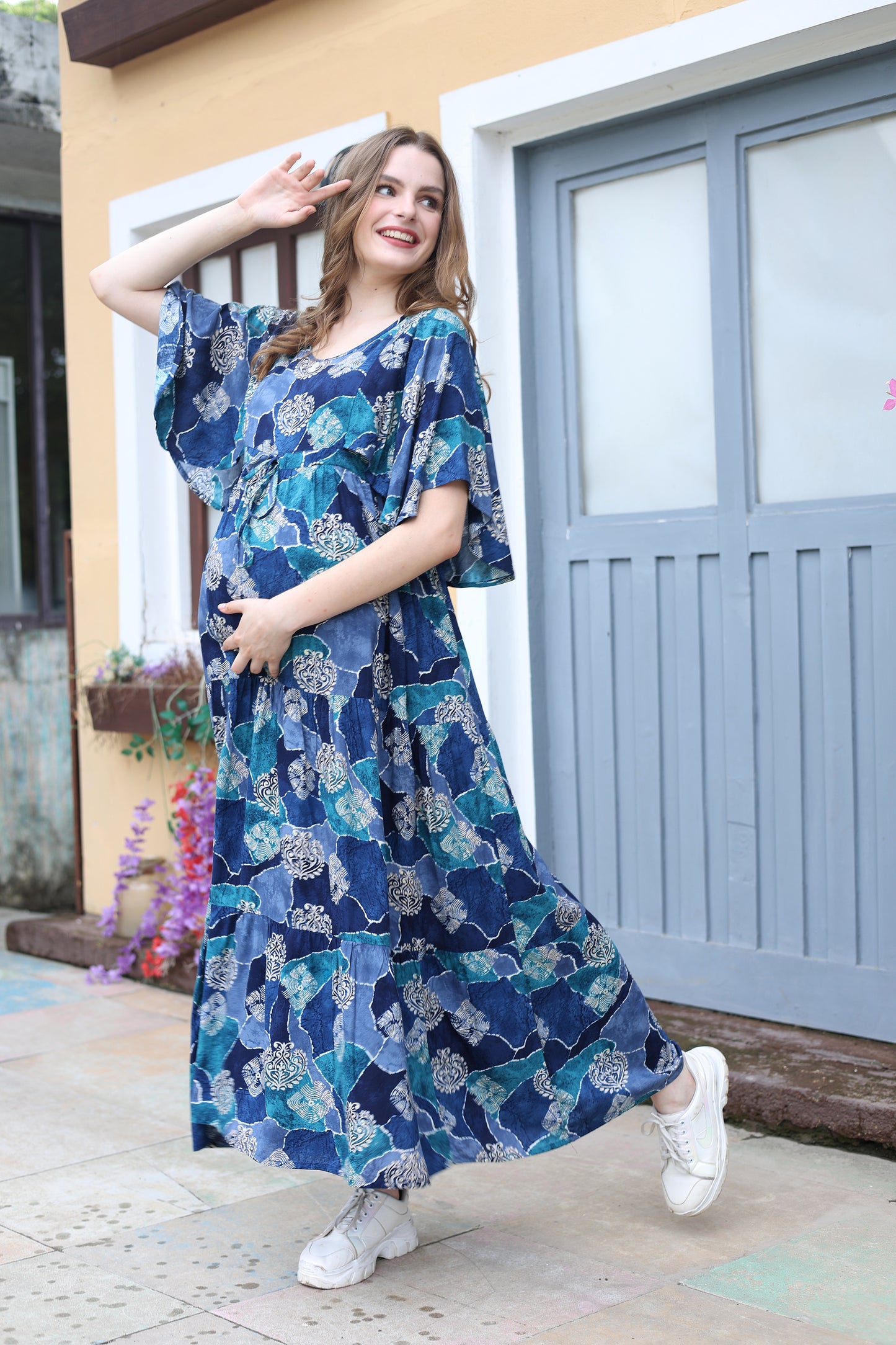 Womens Printed Maternity Long Gown - Blue