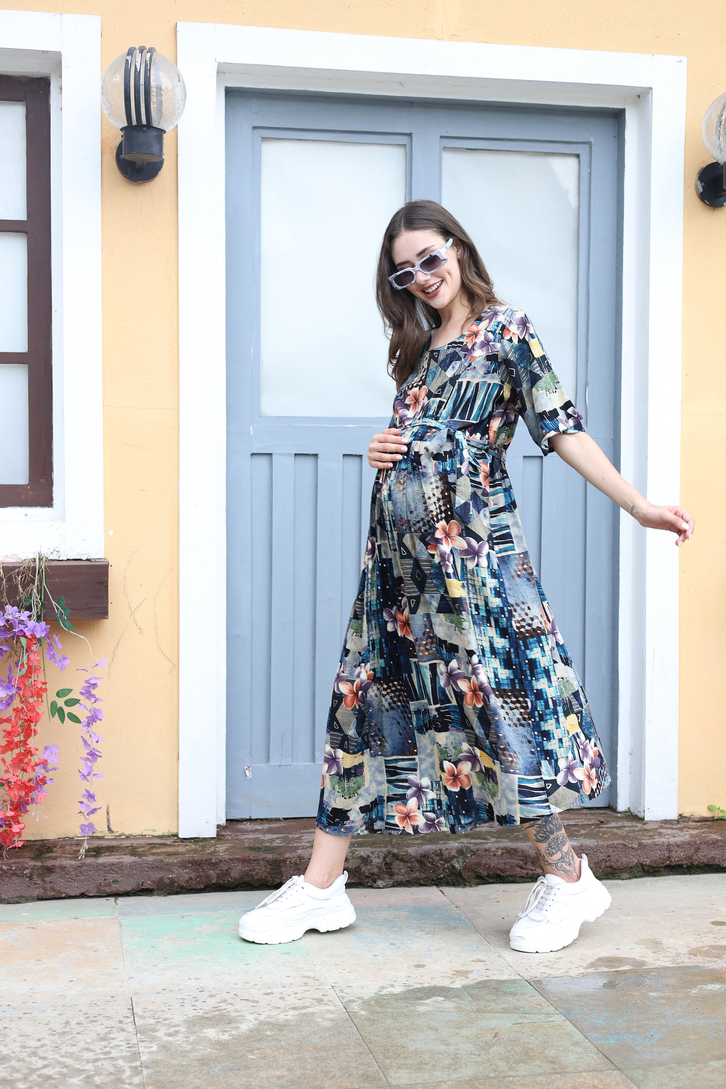 Blue-Colored Maternity Short Gown