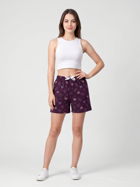 Plum Purple-Colored Mid-Rise Bermuda Shorts