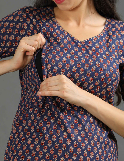 Womens Navy-Colored Printed Feeding Kurta