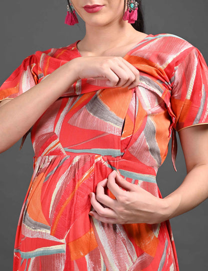 Womens Printed Maternity Long Gown - Orange