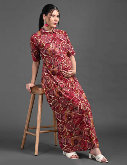 Womens Printed Maternity Long Gown - Red