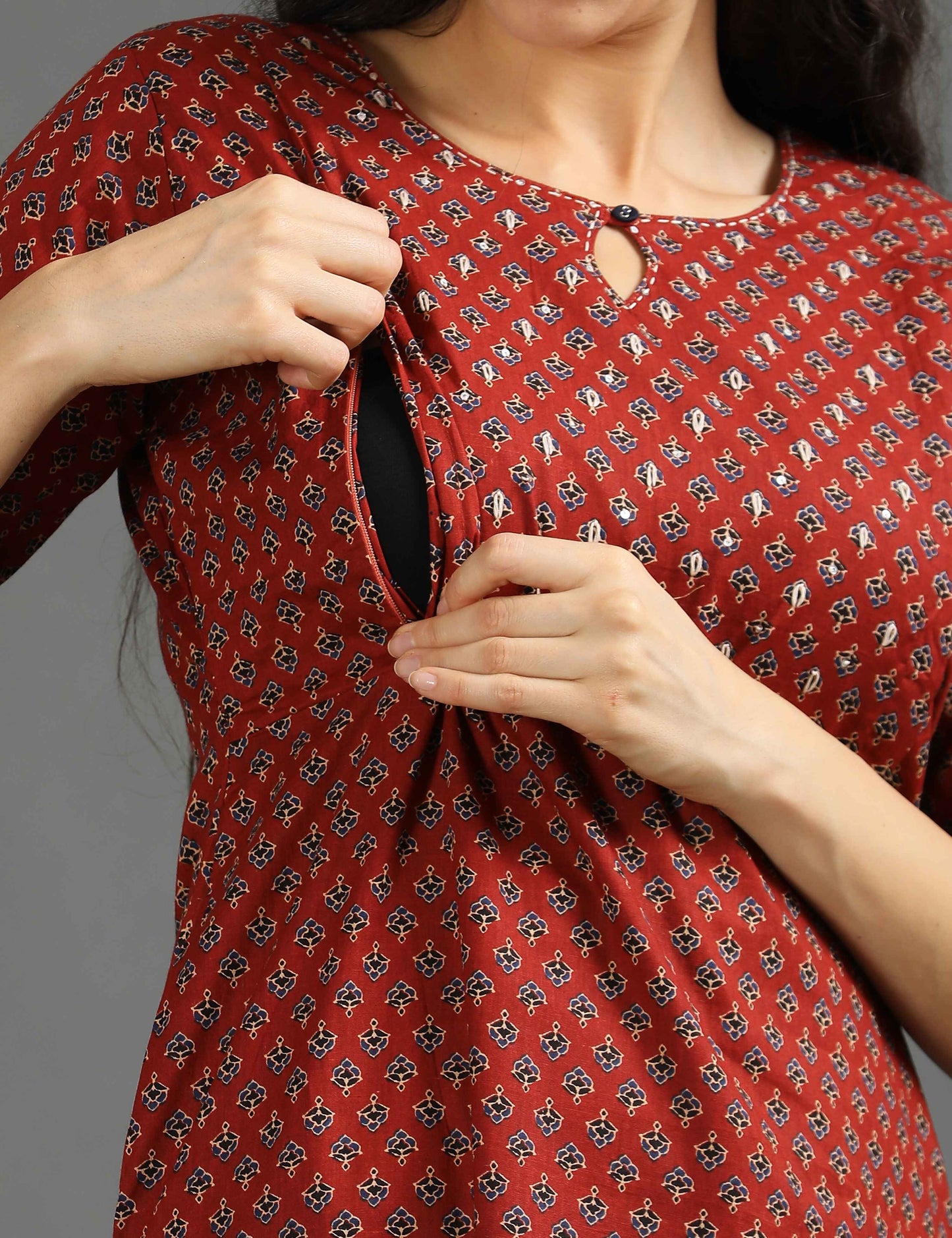 Womens Red-Colored Printed Feeding Kurta