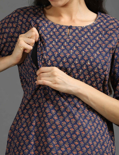 Womens Navy-Colored Printed Feeding Kurta