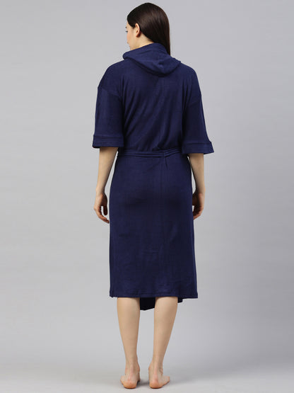 Womens Hooded Bathrobe - Navy Blue