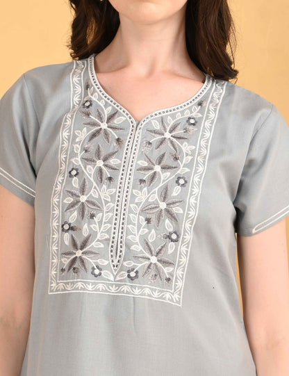 Womens Embroidered A-Line Nightdress - Grey