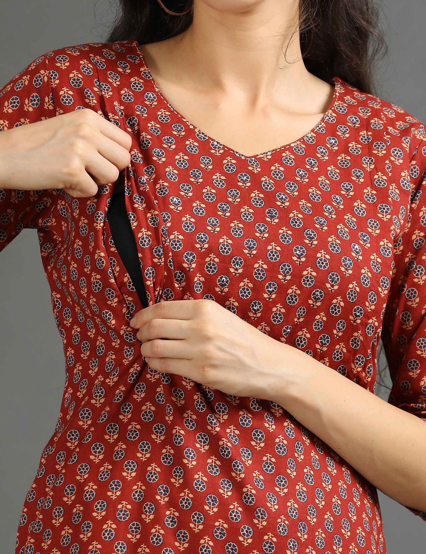 Womens Red-Colored Printed Feeding Kurta