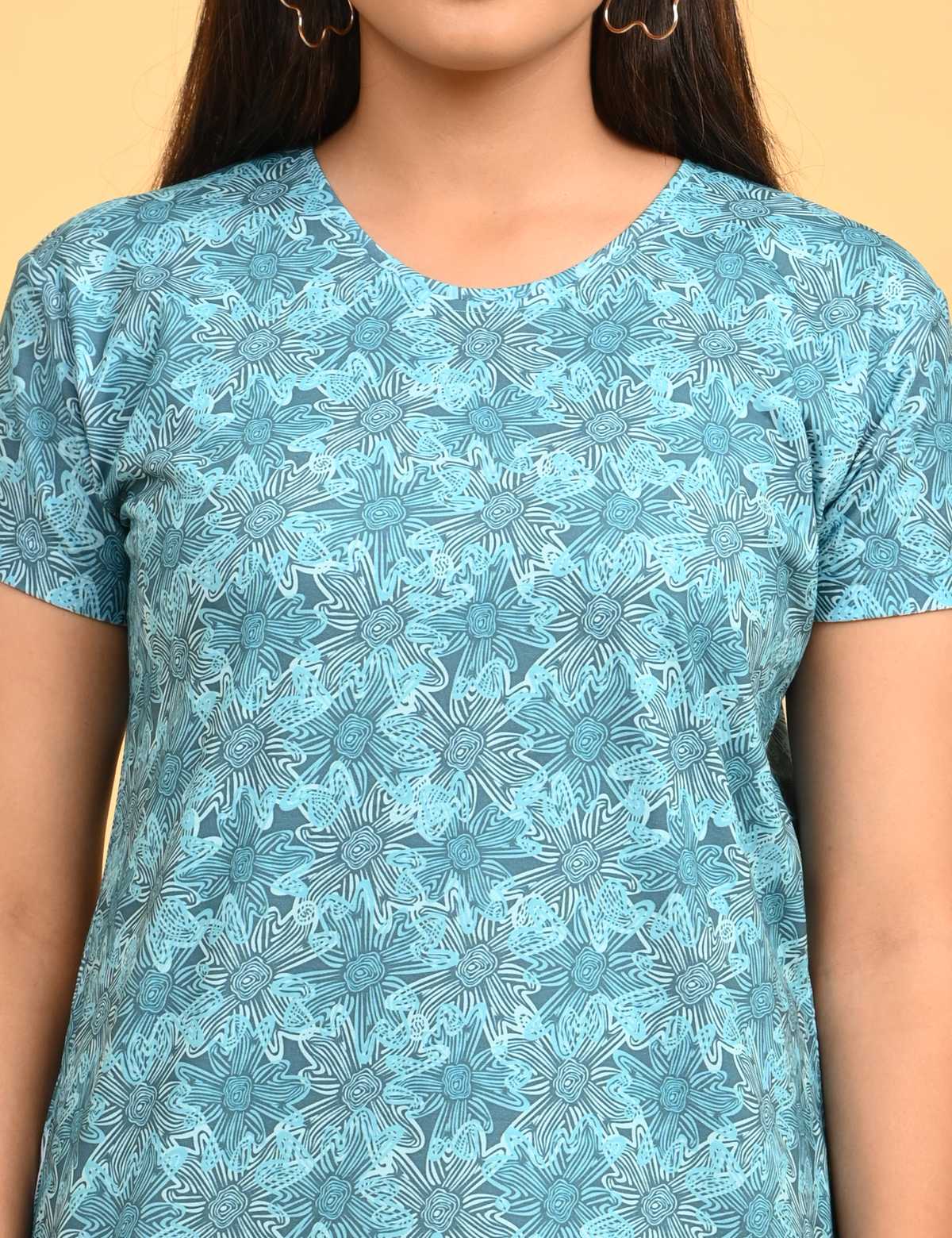 Sea Green-Colored Printed Short Nighty