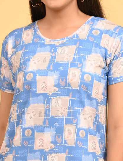 Pastel Blue-Colored Printed Short Nighty