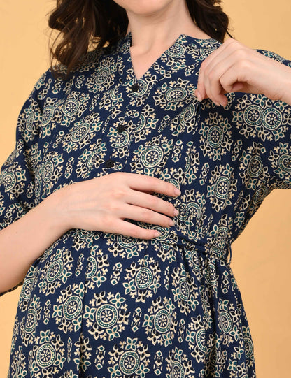 Navy Blue-Colored Maternity 3/4th Gown