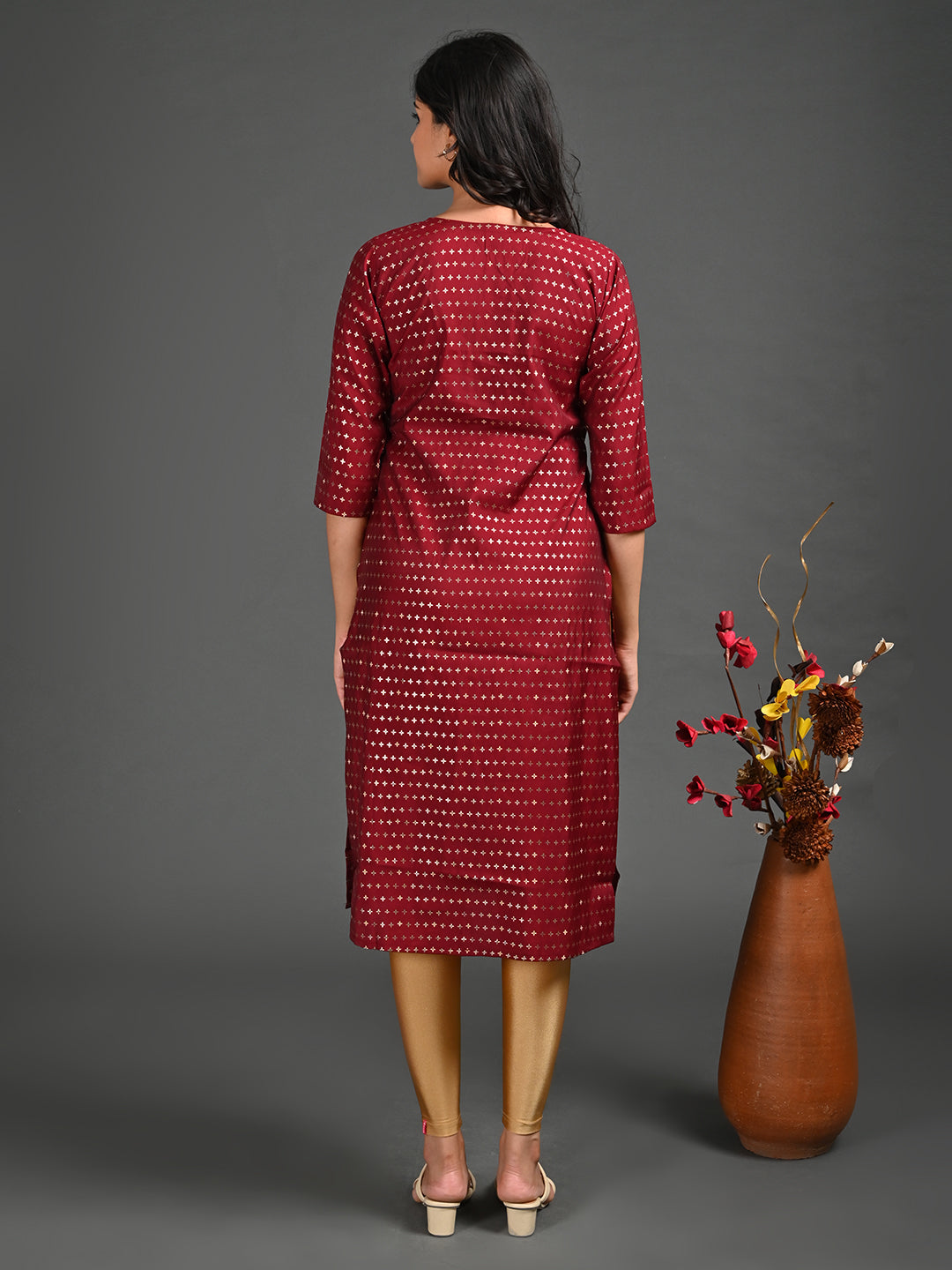 Womens Maroon-Colored Straight Kurta