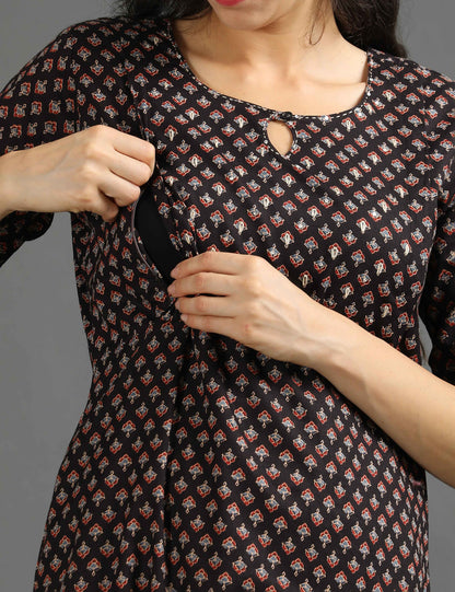 Womens Black-Colored Printed Feeding Kurta