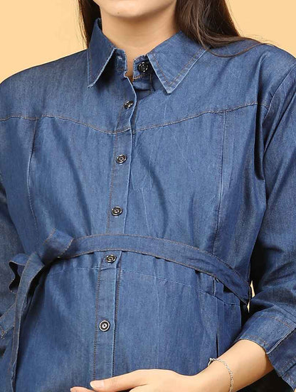 Womens Denim Maternity Long Gown - Blue