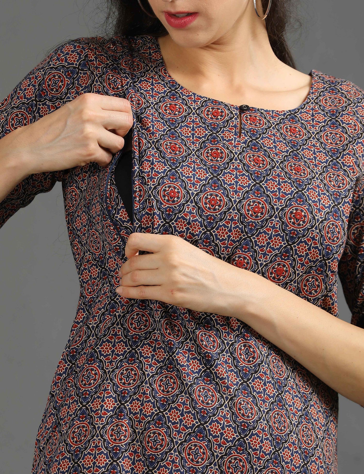 Womens Navy-Colored Printed Feeding Kurta