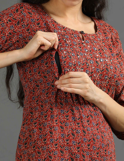 Womens Red-Colored Printed Feeding Kurta