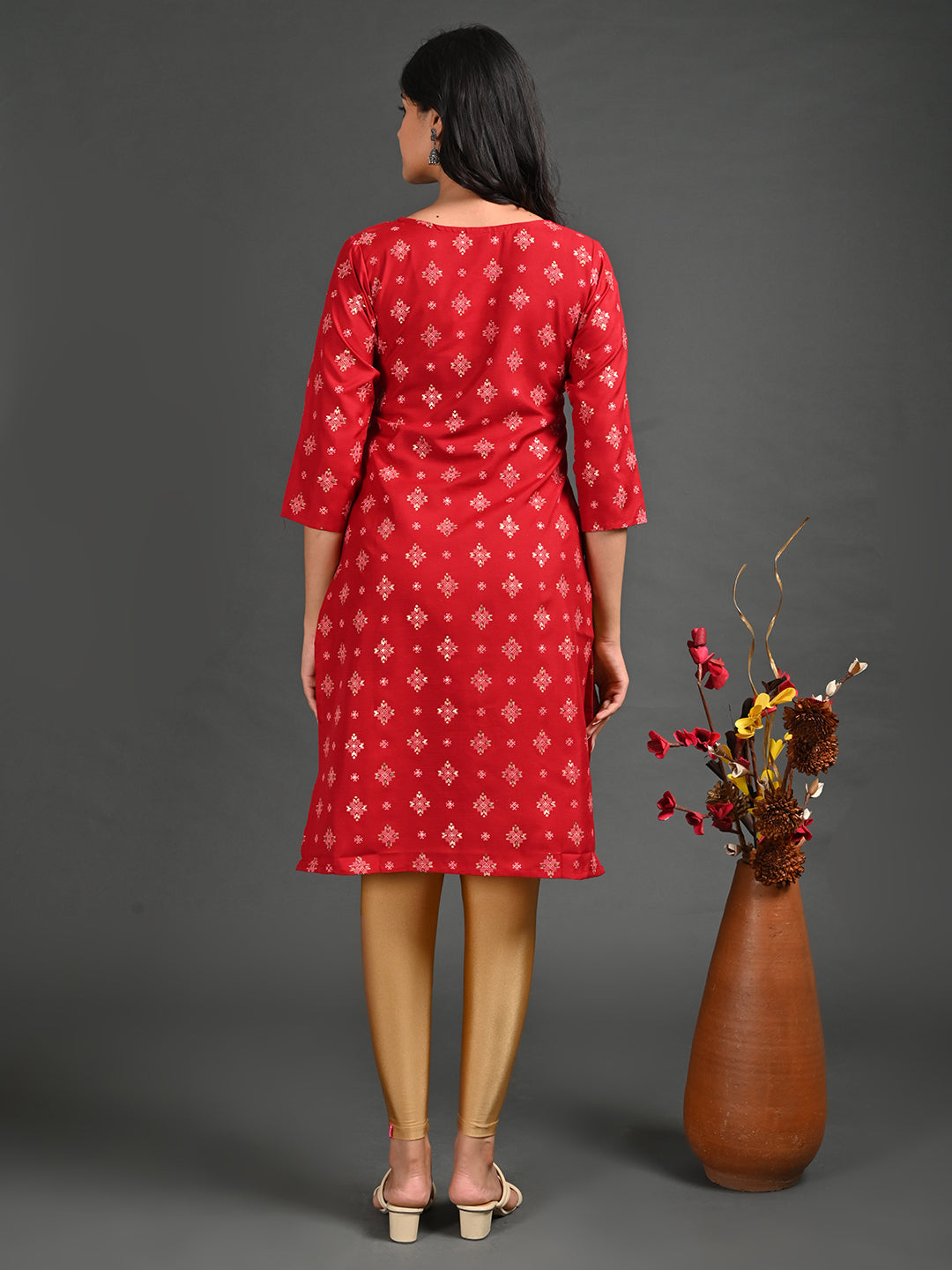 Womens Red-Colored Straight Kurta