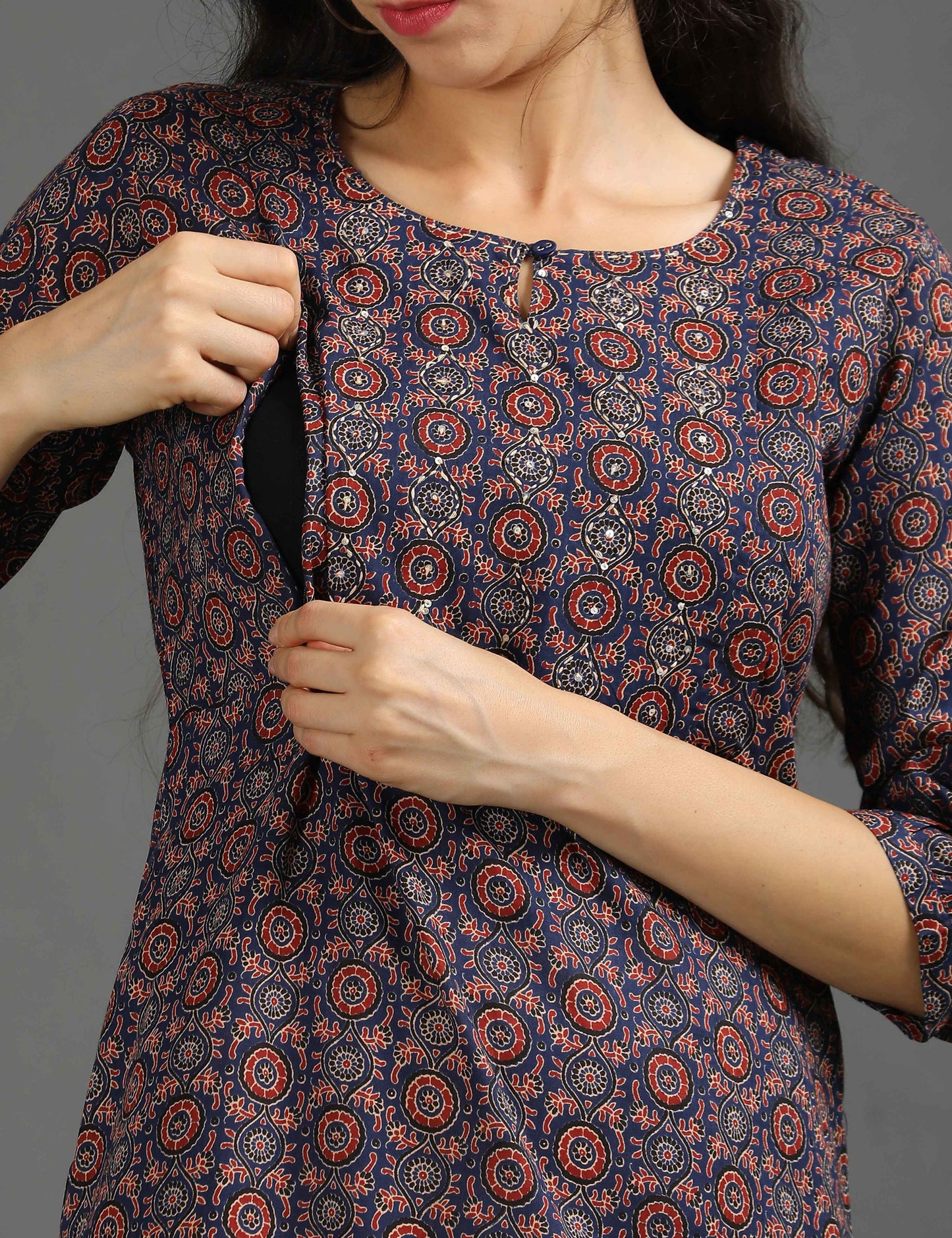 Womens Navy-Colored Printed Feeding Kurta