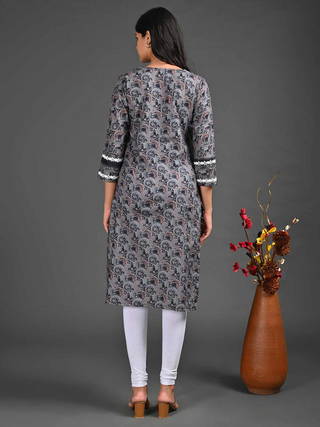 Womens Black-Colored Straight Kurta