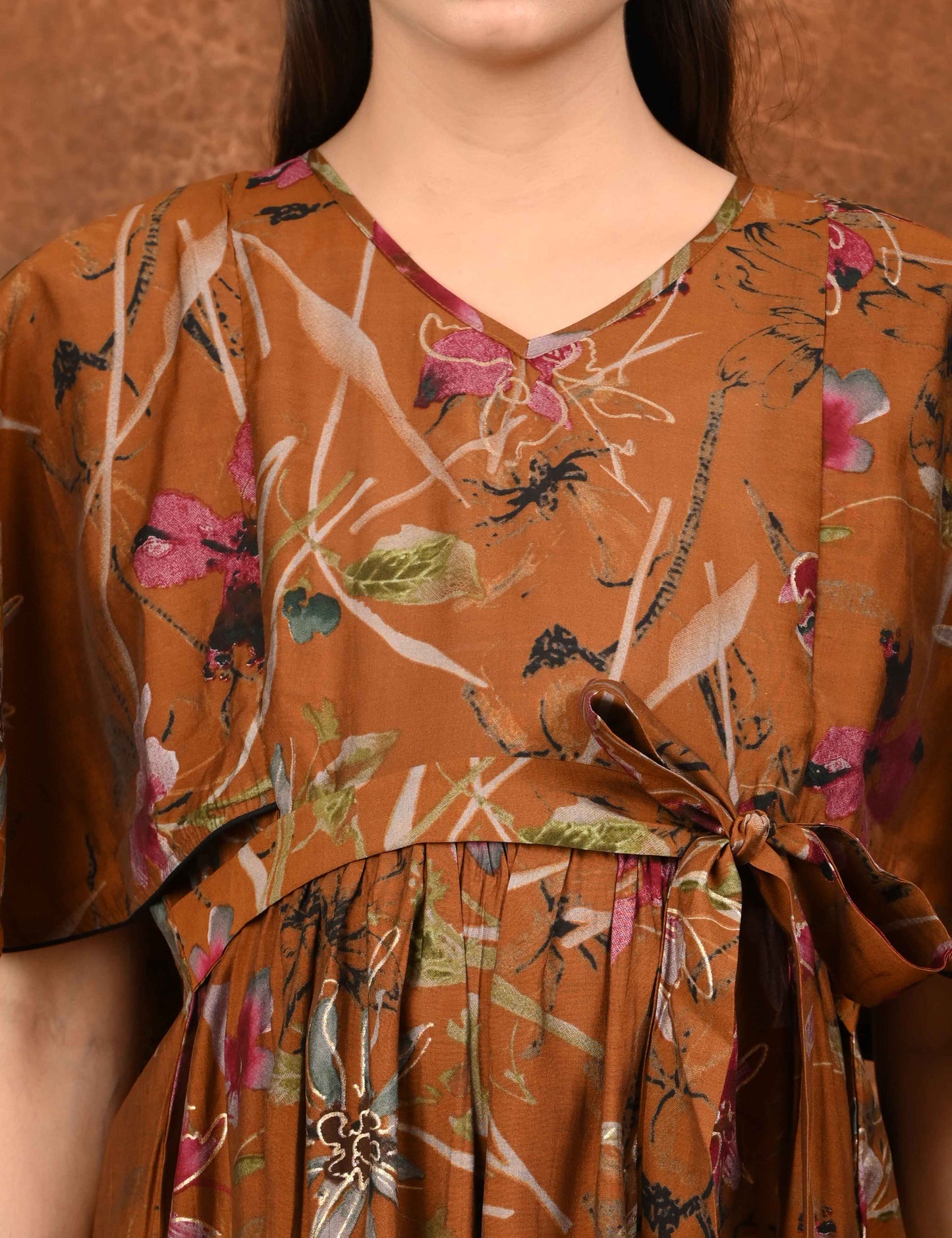 Mustard-Colored Maternity 3/4th Gown