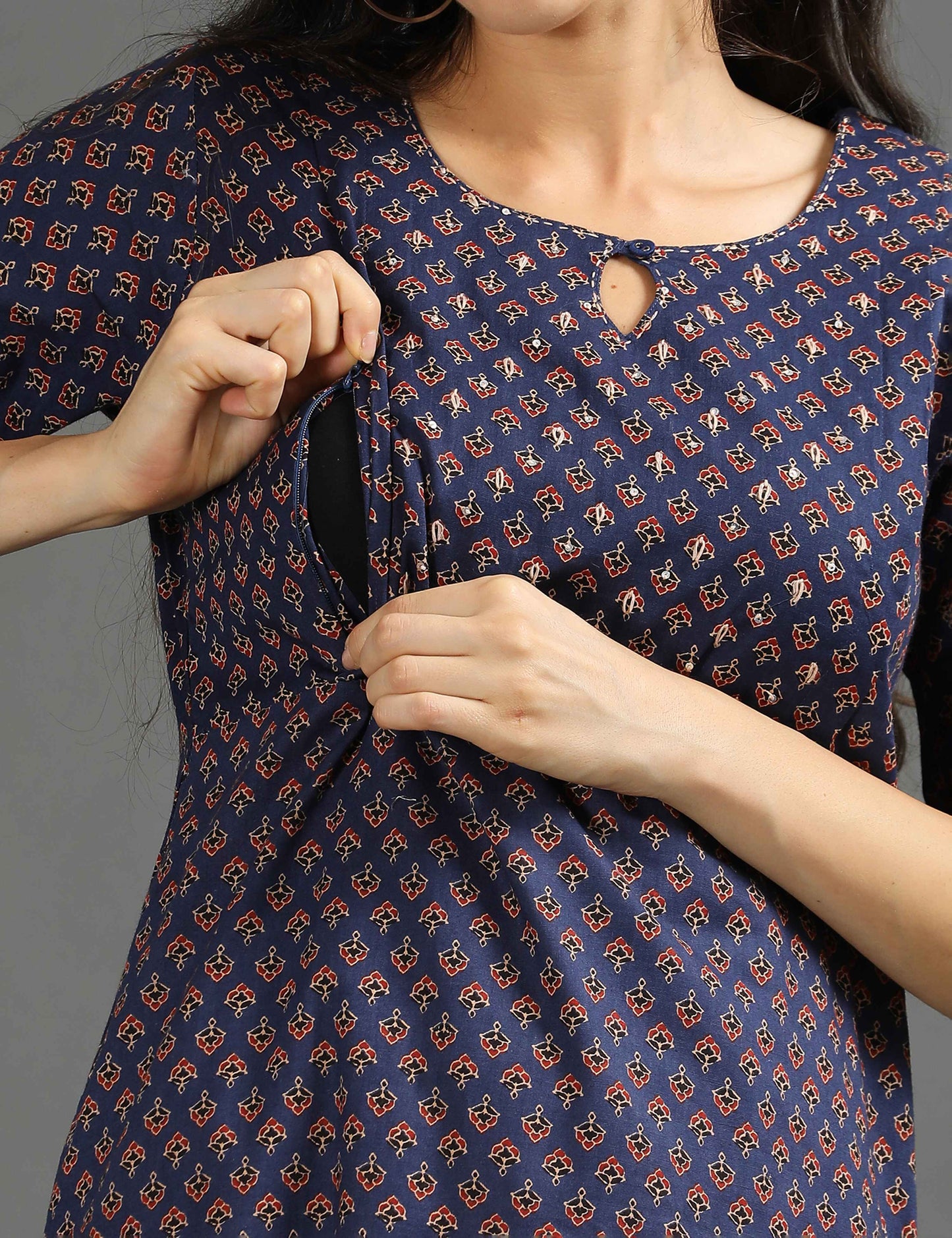 Womens Navy-Colored Printed Feeding Kurta