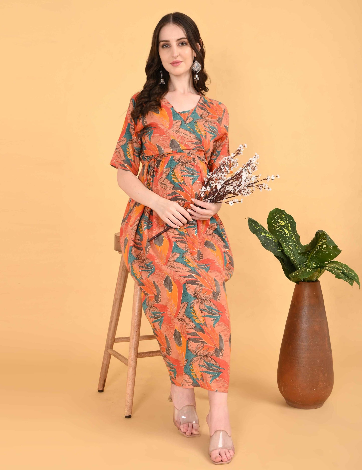 Orange-Colored Maternity 3/4th Gown