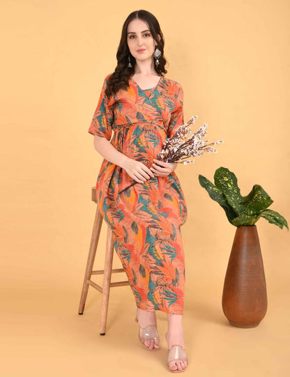 Orange-Colored Maternity 3/4th Gown