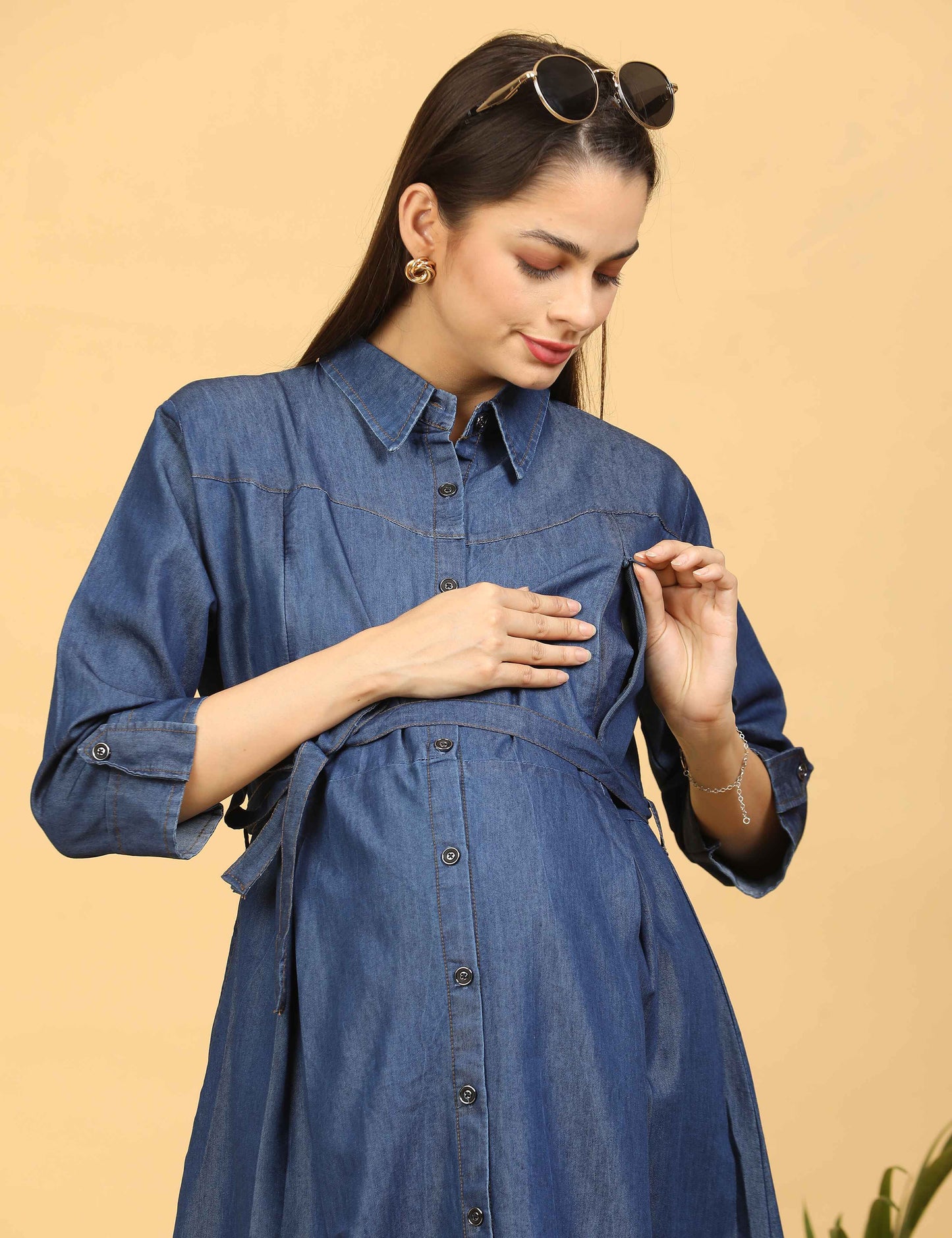 Womens Denim Maternity Long Gown - Blue