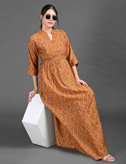 Womens Printed Maternity Long Gown - Brown