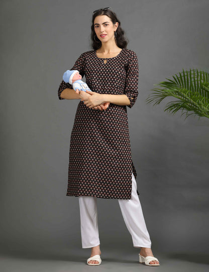 Womens Black-Colored Printed Feeding Kurta