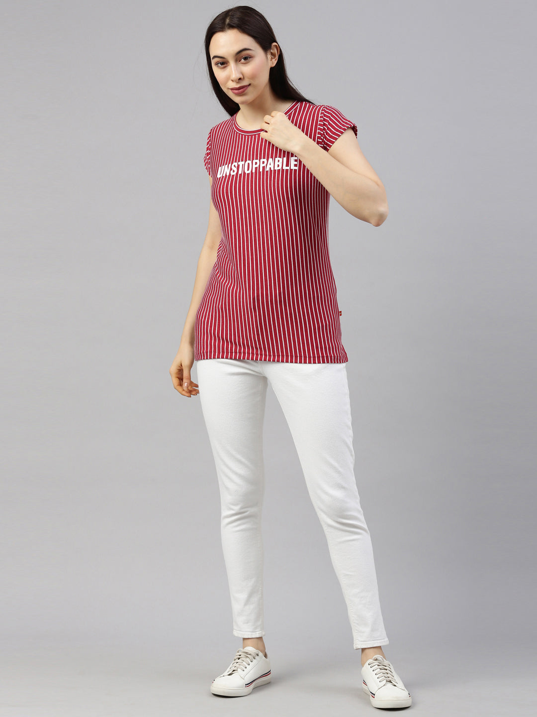 Womens Maroon Vertical Striped Tees