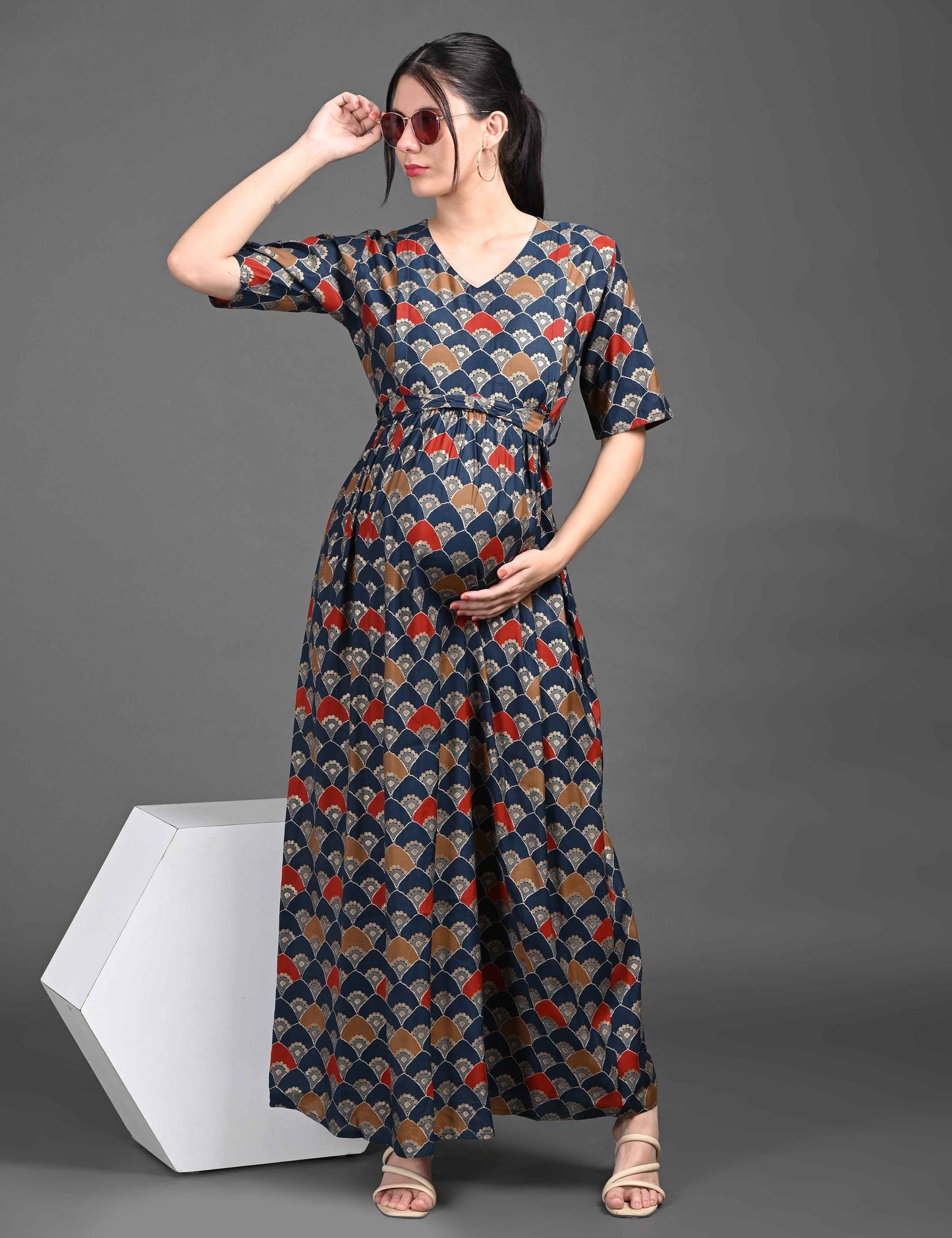 Womens Printed Maternity Long Gown - Indigo