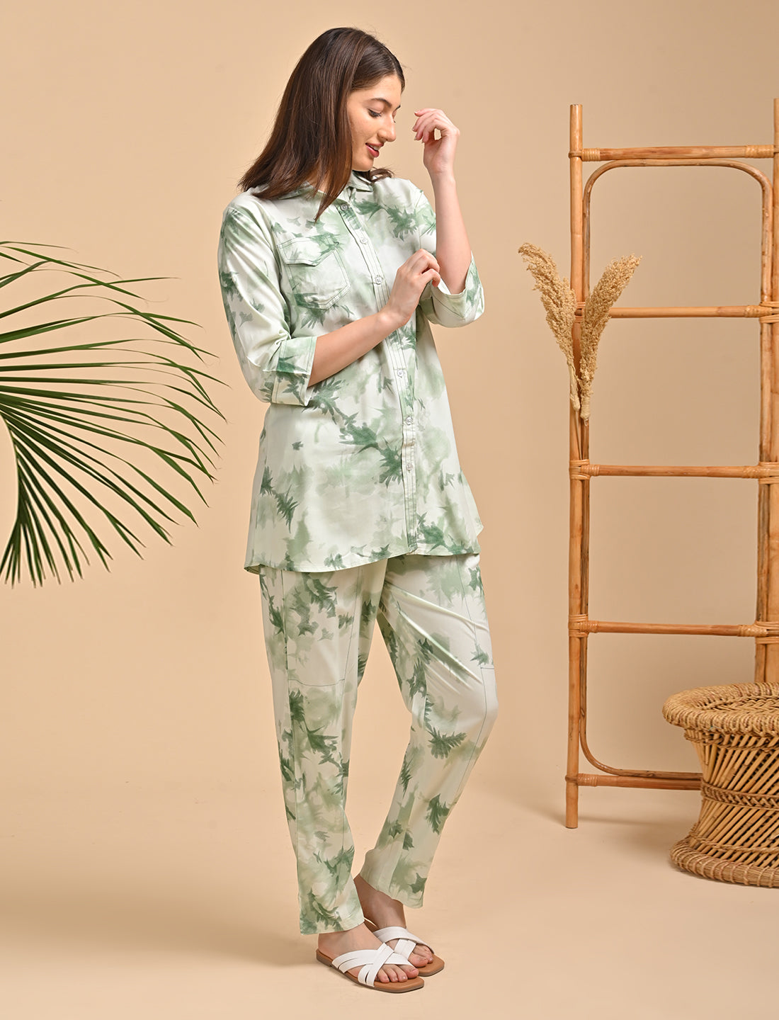 Womens Printed Co Ord Set - Green