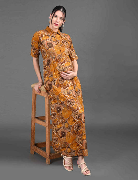 Womens Printed Maternity Long Gown - Mustard