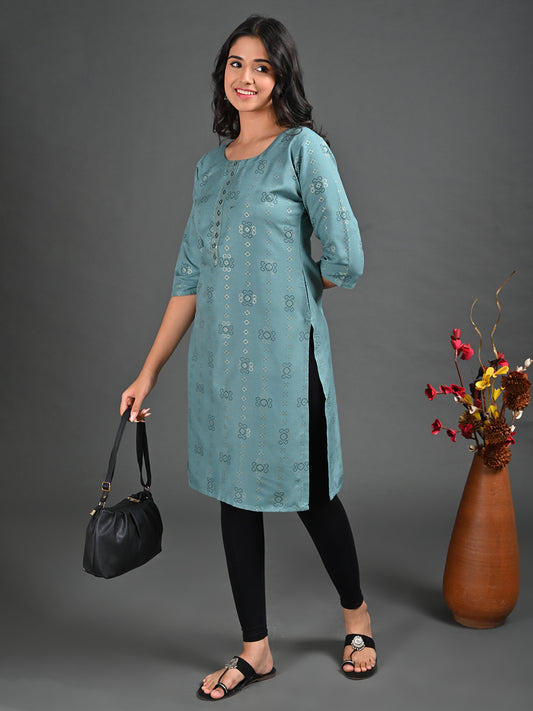 Womens Green-Colored Straight Kurta