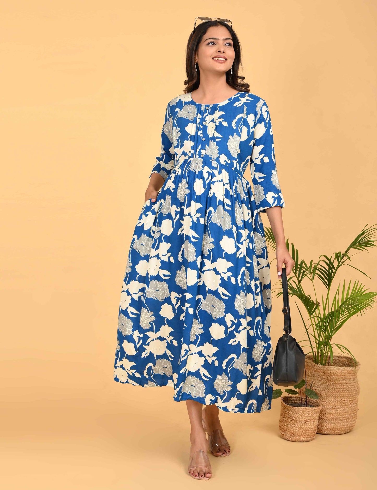 Blue-Colored Maternity 3/4th Gown
